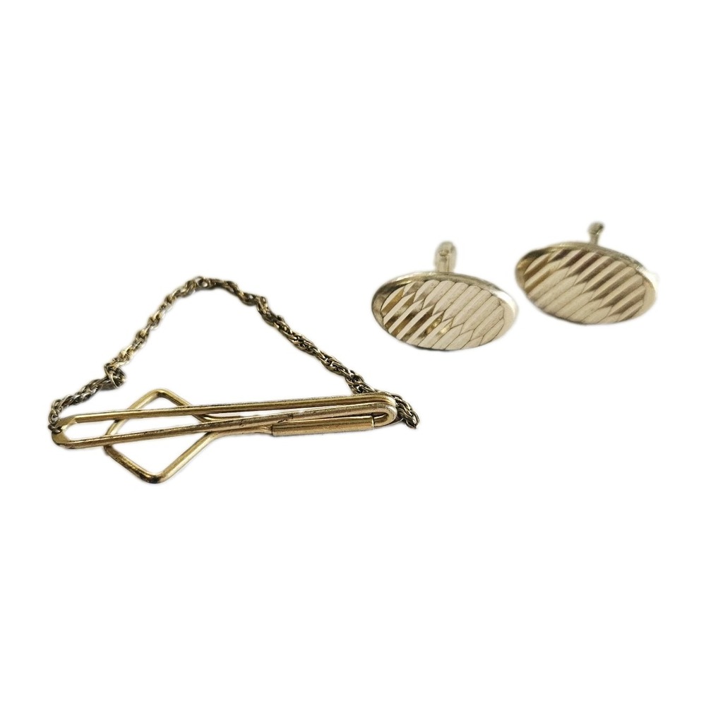 Swank 1940-50's Vintage Brass Tie Bar Clasp W Gold Toned Metal With Cuff Links